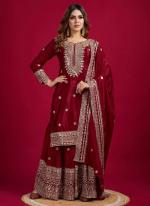 Chinnon Silk Red Ceremonial Wear Sequins Work Readymade Sharara Suit